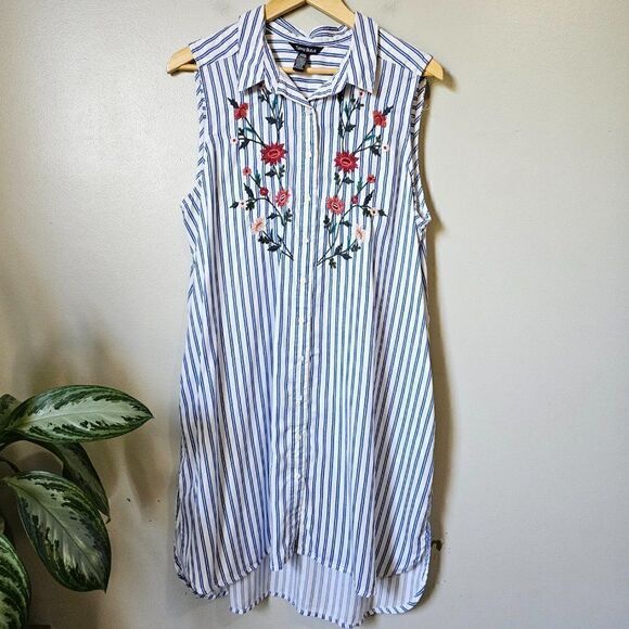 EUC LIKE NEW TERRE BLUE 100% LYOCELL STRIPED EMBROIDERED BUTTON DOWN DRESS SZ L - Picture 1 of 16